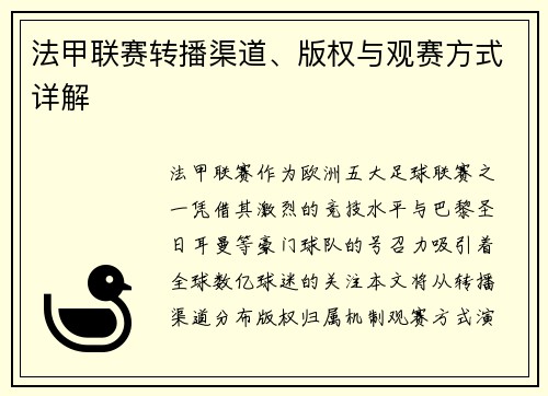 法甲联赛转播渠道、版权与观赛方式详解