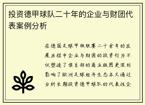 投资德甲球队二十年的企业与财团代表案例分析
