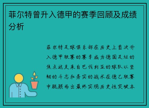菲尔特曾升入德甲的赛季回顾及成绩分析
